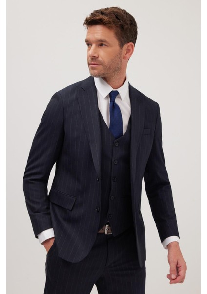 Erkek Slim Fit Lacivert Esnek Likralı Kumaş Sivri Yaka Yelekli Takım Elbise fiyatları