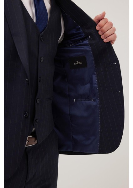 Erkek Slim Fit Lacivert Esnek Likralı Kumaş Sivri Yaka Yelekli Takım Elbise modelleri