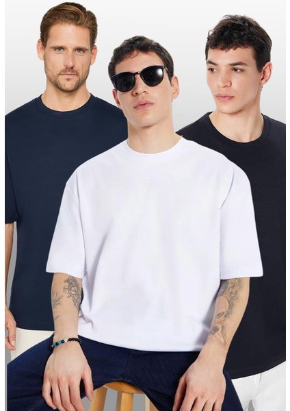 Unisex 3'lü Paket Lacivert-Beyaz-Siyah Oversize Geniş Kesim %100 Pamuk Basic Bisiklet Yaka Tişört