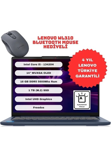 Ideapad Slim 5 Intel Core i5 13420H 16GB 1TB SSD Freedos 14" WUXGA OLED Taşınabilir Bilgisayar 83HR0049TR