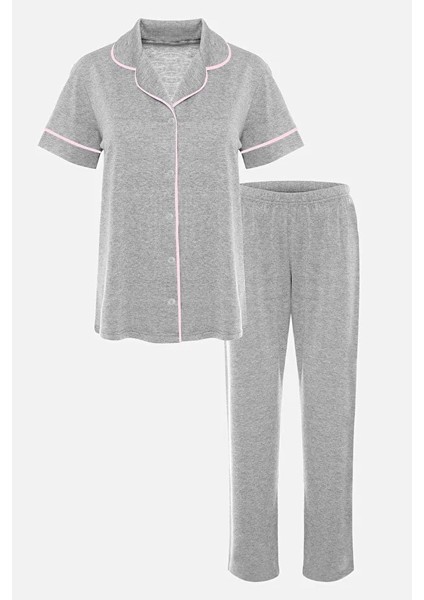 Kadın Kısa Kollu Gri Melanj Pudra Ara Biyeli Pijama Takımı