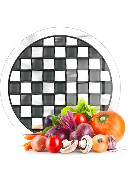 Cam Kesme Tahtası ve Sunumluk Yuvarlak Mackenzie Siyah Beyaz 30X30 cm