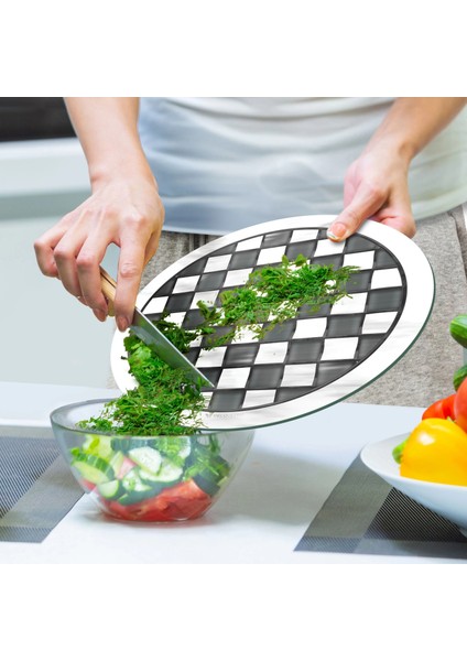 Cam Kesme Tahtası ve Sunumluk Yuvarlak Mackenzie Siyah Beyaz 30X30 cm indirimleri