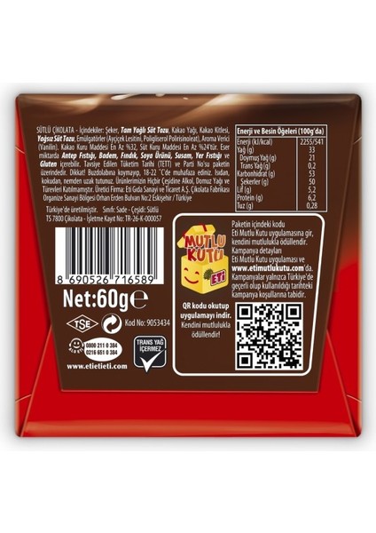 Çikolata Sütlü Kare 60 G x 10 Adet fırsatları