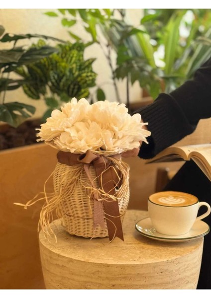 2’li El Yapımı Rattan Vazo Seti – Kahverengi Kurdele Detaylı & Krizantem Çiçek modelleri