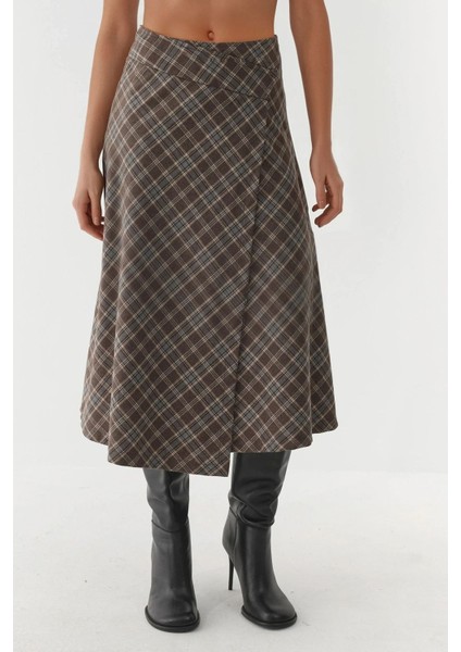 Kadın Düğme Kapamalı Ekose Uzun Etek Çok Renkli