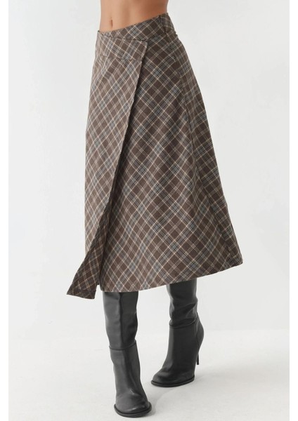 Kadın Düğme Kapamalı Ekose Uzun Etek Çok Renkli