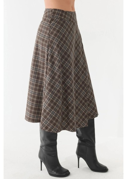 Kadın Düğme Kapamalı Ekose Uzun Etek Çok Renkli