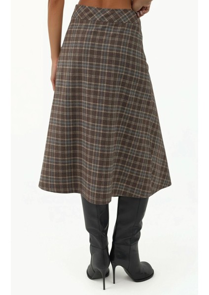 Kadın Düğme Kapamalı Ekose Uzun Etek Çok Renkli