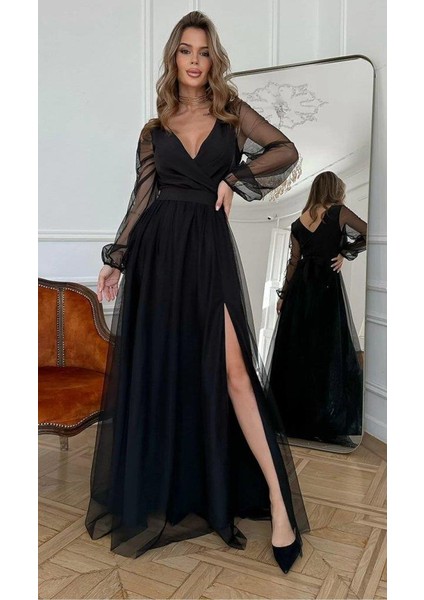 Kadın Uzun Kollu Kruvaze Yakalı Belden Kuşaklı Tüllü Uzun Ithal Krep Elbise