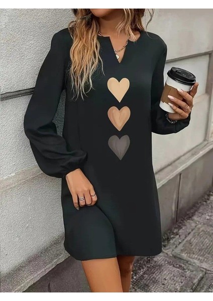 Kadın Uzun Kollu V Yakalı Kalp Desenli Mini Ithal Krep Elbise fırsatları