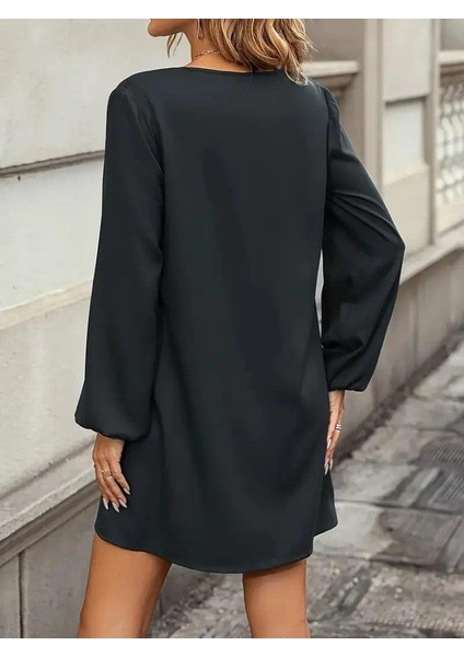 Kadın Uzun Kollu V Yakalı Kalp Desenli Mini Ithal Krep Elbise indirimleri