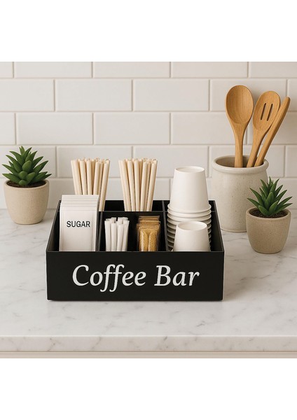 5 Bölmeli Tezgahüstü Kahve, Şeker ve Karıştırıcı Organizer Model 2 Siyah