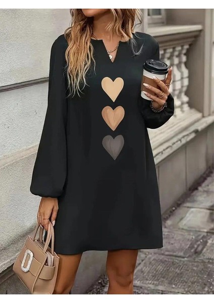 Kadın Uzun Kollu V Yakalı Kalp Desenli Mini Ithal Krep Elbise