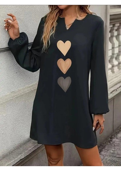 Kadın Uzun Kollu V Yakalı Kalp Desenli Mini Ithal Krep Elbise modelleri