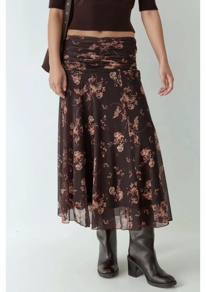 Kadın Büzgü Detaylı Desenli Midi Etek Koyu Mocha Kahve