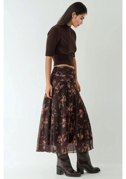 Kadın Büzgü Detaylı Desenli Midi Etek Koyu Mocha Kahve fiyatları
