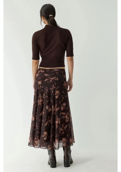 Kadın Büzgü Detaylı Desenli Midi Etek Koyu Mocha Kahve modelleri