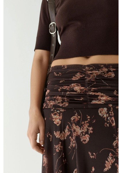 Kadın Büzgü Detaylı Desenli Midi Etek Koyu Mocha Kahve fırsatları