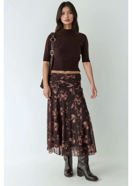 Kadın Büzgü Detaylı Desenli Midi Etek Koyu Mocha Kahve indirimleri