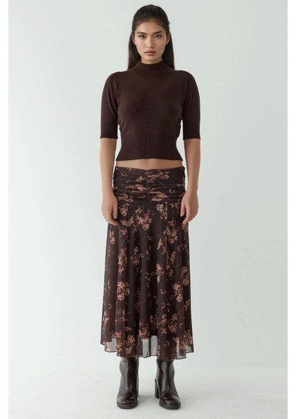Kadın Büzgü Detaylı Desenli Midi Etek Koyu Mocha Kahve