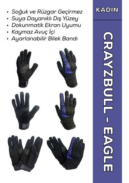 Crayzbull Eagle Mor Su ve Rüzgar Geçirmez Kışlık Kadın Motosiklet Eldiveni XS