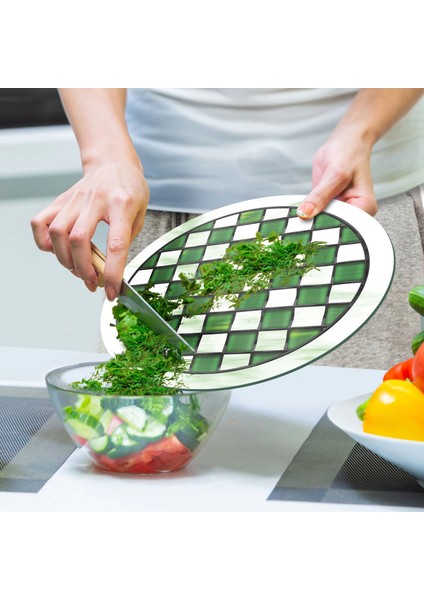 Cam Kesme Tahtası ve Sunumluk Yuvarlak Mackenzie Yeşil Beyaz 30X30 cm indirimleri