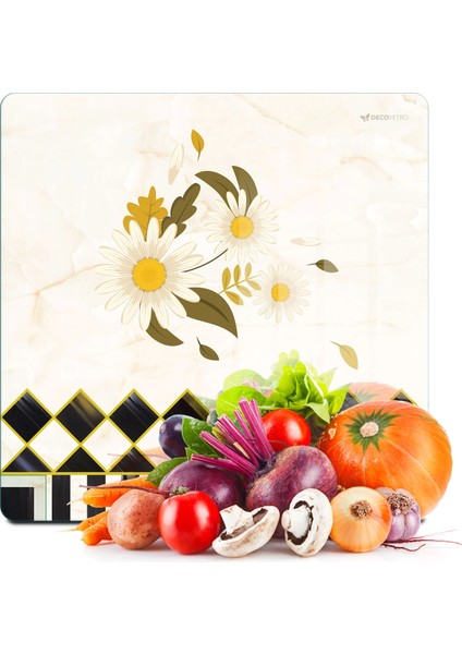 Cam Kesme Tahtası ve Sunumluk Kare Mackenzie Vintage Papatya 30X30 cm