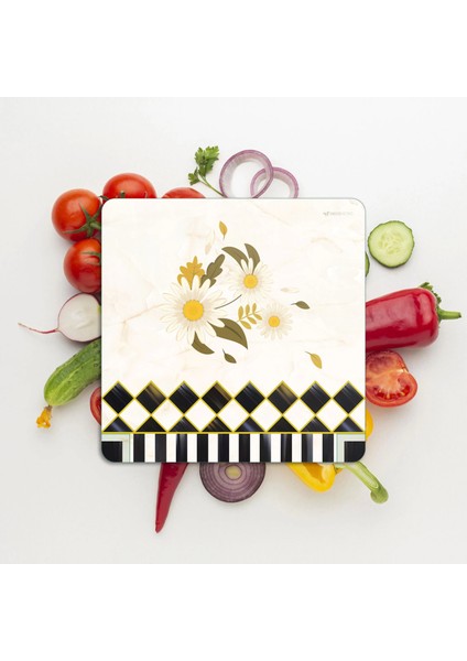 Cam Kesme Tahtası ve Sunumluk Kare Mackenzie Vintage Papatya 30X30 cm modelleri