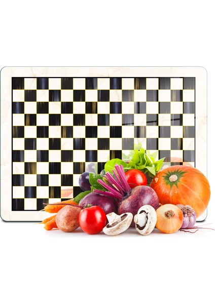 Cam Kesme Tahtası ve Sunumluk Mackenzie Siyah Beyaz Dama 30X40 cm