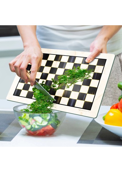 Cam Kesme Tahtası ve Sunumluk Mackenzie Siyah Beyaz Dama 30X40 cm indirimleri