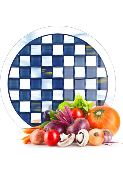 Cam Kesme Tahtası ve Sunumluk Yuvarlak Mackenzie Mavi Beyaz 30X30 cm