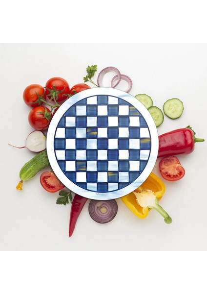 Cam Kesme Tahtası ve Sunumluk Yuvarlak Mackenzie Mavi Beyaz 30X30 cm modelleri