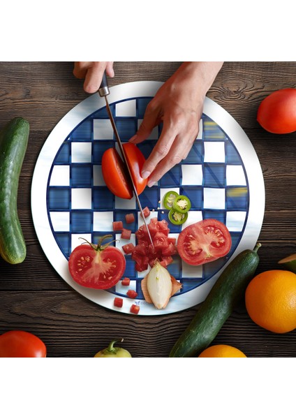 Cam Kesme Tahtası ve Sunumluk Yuvarlak Mackenzie Mavi Beyaz 30X30 cm fırsatları