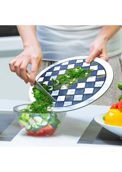 Cam Kesme Tahtası ve Sunumluk Yuvarlak Mackenzie Mavi Beyaz 30X30 cm indirimleri