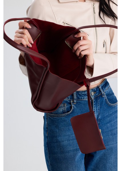 Velina Bordo Cüzdan Detaylı Büyük Boy Kadın El, Kol ve Omuz Çantası modelleri