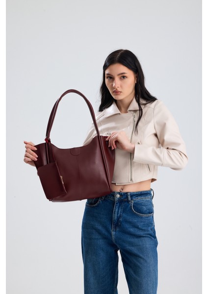 Velina Bordo Cüzdan Detaylı Büyük Boy Kadın El, Kol ve Omuz Çantası