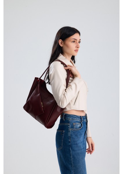 Velina Bordo Cüzdan Detaylı Büyük Boy Kadın El, Kol ve Omuz Çantası