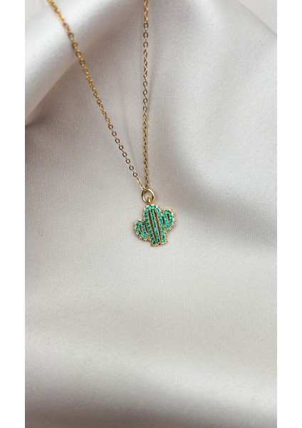 Fıora Zirkon Taşlı Yeşil Kaktüs Kolye Gold Ayarlanabilir Zincir fiyatları
