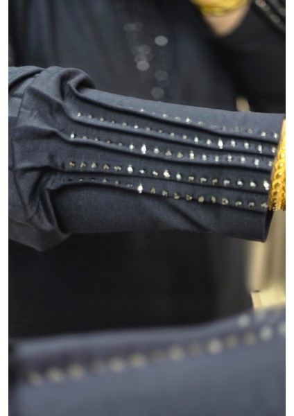 Kadın Giyim Büyük Beden Kolu Nevrür Taşlı Çimalı Elbise