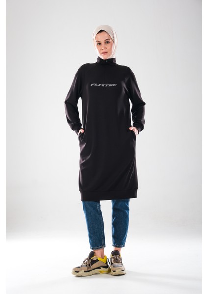 2290_KADIN Tesettür Spor Tunik Elbise - Reflektör Baskılı, Dik Yakalı Fermuarlı, Cepli, Yumuşak Doku
