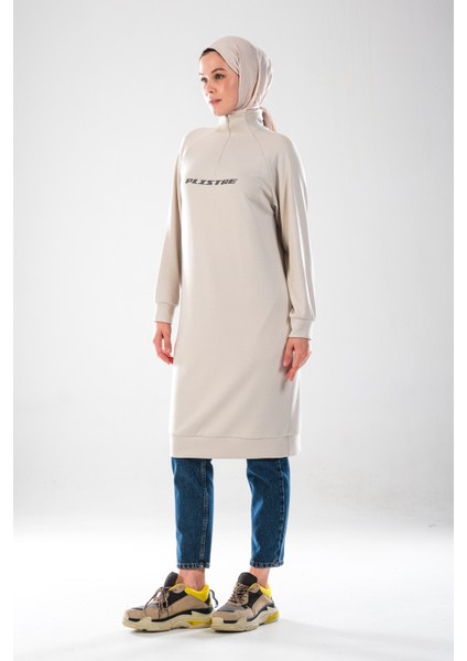 2290_KADIN Tesettür Spor Tunik Elbise - Reflektör Baskılı, Dik Yakalı Fermuarlı, Cepli, Yumuşak Doku