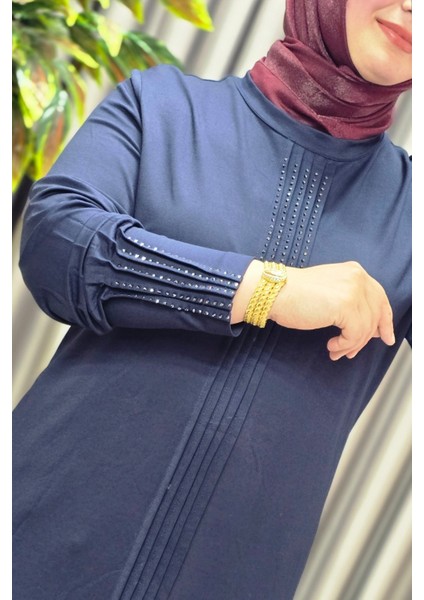 Kadın Giyim Büyük Beden Kolu Nevrür Taşlı Çimalı Elbise