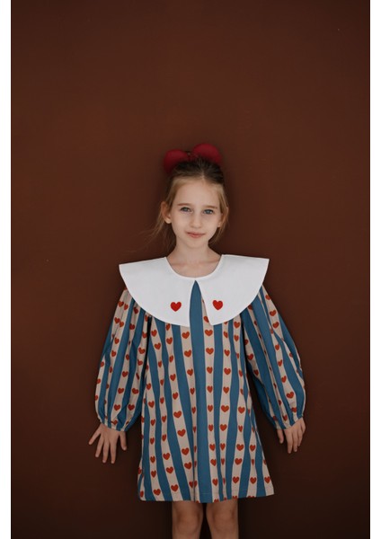 Tiny Hearts Bebe Yakalı Kırmızı Kalpli Uzun Kollu Kız Çocuk Elbise
