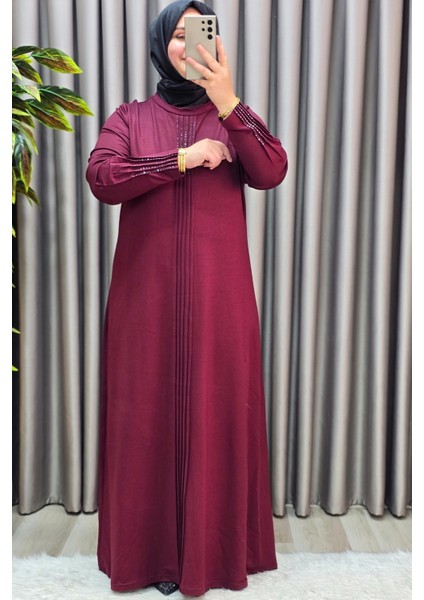 Kadın Giyim Büyük Beden Kolu Nevrür Taşlı Çimalı Elbise