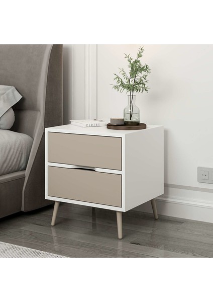 Elina Ayaklı 2 Çekmeceli Komodin - Beyaz/kumtaşı