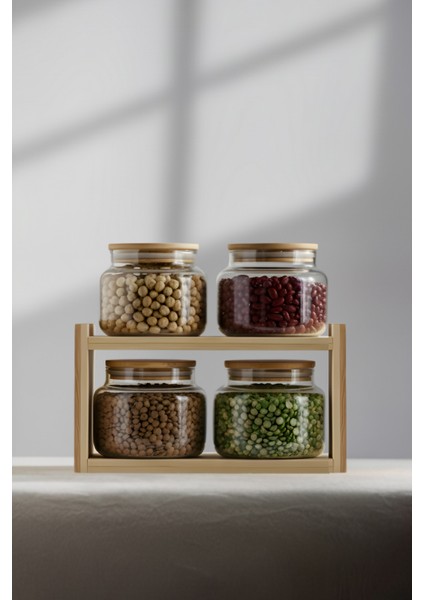 Basic Bambu Kapaklı 4'lü Cam Kavanoz Seti 350 cc