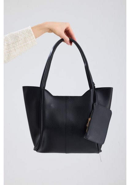 Velina Siyah Cüzdan Detaylı Büyük Boy Kadın El, Kol ve Omuz Çantası