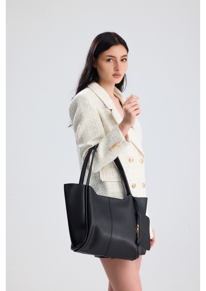 Velina Siyah Cüzdan Detaylı Büyük Boy Kadın El, Kol ve Omuz Çantası