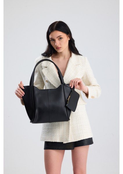 Velina Siyah Cüzdan Detaylı Büyük Boy Kadın El, Kol ve Omuz Çantası